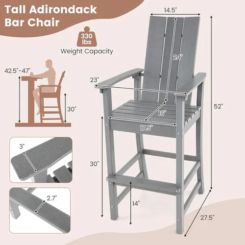 Miniatura 3 de Giantex Silla Adirondack de 52 pulgadas de alto, taburete de bar de polietileno de alta densidad para exteriores con respaldo ergonómico, Gris