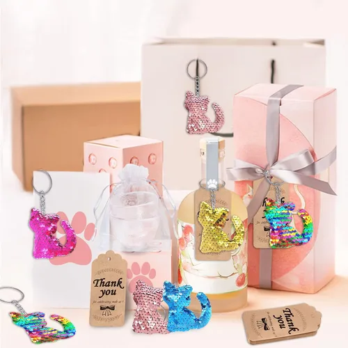 Miniatura 3 de CiciBear Paquete de 60 juegos de fiesta de lentejuelas de doble cubierta con 20 llaveros, 20 etiquetas de agradecimiento y 20 bolsas para fiestas