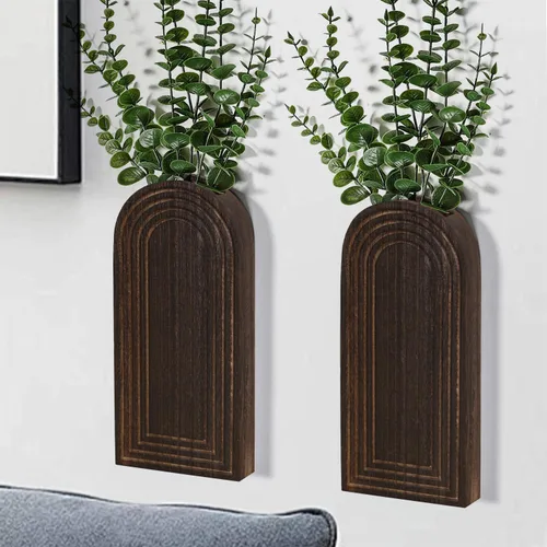 Dnnnii Juego de 2 jarrones de pared de madera, acabado marrón oscuro, decoración de pared moderna de granja y bohemio para entrada, pasillo, baño,