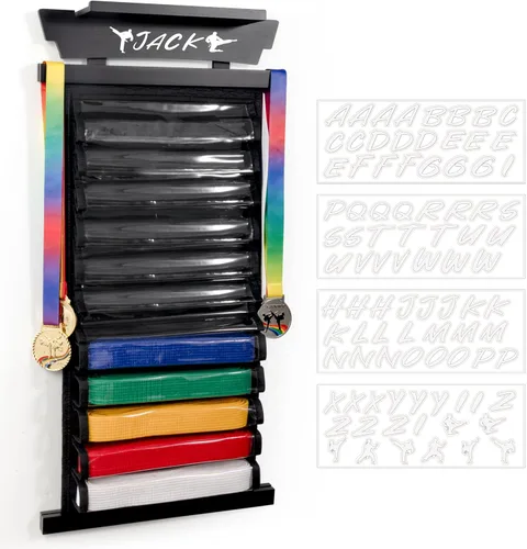 Miniatura 9 de Tilhumt 10/12 Belts Karate Belt Display Rack with Photo Shelf, Felt Taekwondo Belt Display Rack Martial Arts Belt Display for Adults TKD, BJJ Blanco