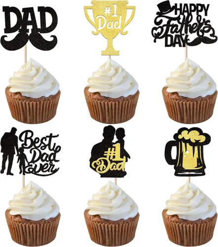 Paquete de 24 adornos para cupcakes con purpurina para el Día del Padre, con purpurina para el mejor papá del mundo, sombrero de bigote #1 para