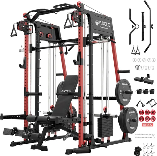Miniatura 27 de Máquina de Smith Mikolo, banco de sentadillas de 2200lbs con sistema de tracción LAT y máquina de cruce de cables, equipo de entrenamiento con Rojo