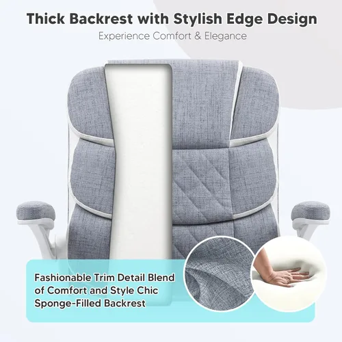 Miniatura 4 de SEATZONE Silla de escritorio de oficina cómoda con reposabrazos abatibles, cómoda silla de escritorio ejecutiva de lino con respaldo medio, altura