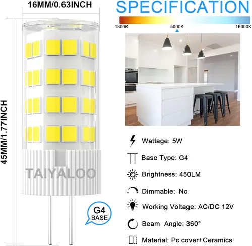 Miniatura 3 de TAIYALOO Bombilla LED G4 de 5 W 5000 K, luz diurna blanca bi-pin T3 JC tipo 12 V CA/CC 40 W, equivalente a halógeno, no regulable para iluminación