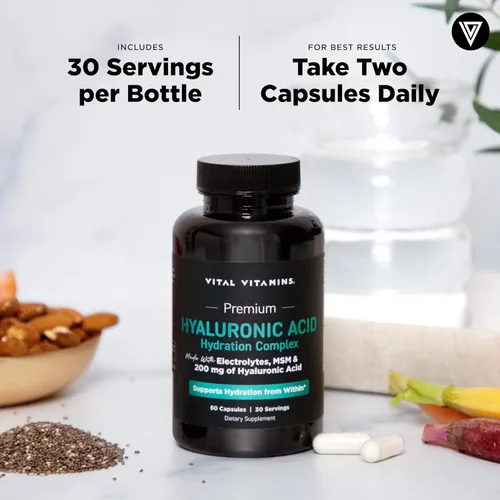 Miniatura 8 de Vital Vitamins Complejo de hidratación de suplemento de ácido hialurónico, con ácido hialurónico, MSM, vitamina C, agua de coco en polvo y sílice