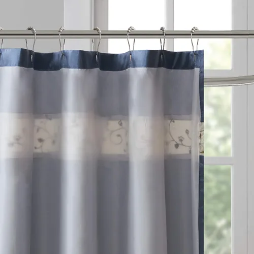 Miniatura 3 de Madison Park Serene Cortina de ducha de seda sintética bordada floral lavable a máquina, decoración moderna de baño para el hogar, azul marino, 72x72