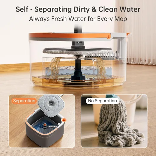 Miniatura 2 de Juego de trapeador giratorio y cubeta con 2 almohadillas de trapeador de microfibra reemplazables con sistema de separación automática de agua sucia