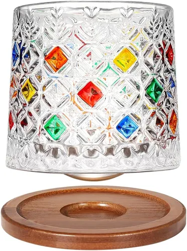 Miniatura 7 de Vaso de vidrio antiguo giratorio, 275ml/10oz de vidrio de whisky de cristal, posavasos de madera, engrosamiento, utilizado como vaso de ron, vaso