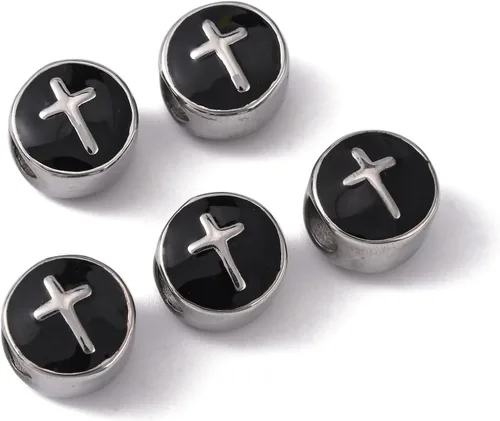 Miniatura 2 de LiQunSweet 10 cuentas europeas de acero inoxidable esmaltadas negras de 0.197 in con agujero grande, cuentas planas redondas cruzadas espaciadoras