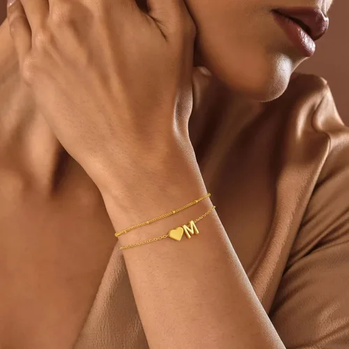 Miniatura 6 de M MOOHAM Pulseras de oro con inicial de corazón para mujer, pulseras con dije de letra A-Z de corazón dorado en capas para mujer, pulseras