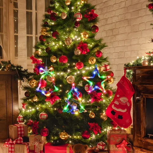 Miniatura 3 de LYUBASA Paquete de 3 luces de Navidad para ventana con temporizador, alimentadas por baterías, lechón LED multicolor para árbol de Navidad