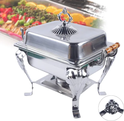Miniatura 6 de Juego de bufé de platos de acero inoxidable 201, calentador de catering rectangular plateado, calentador de alimentos para fiestas, bufé