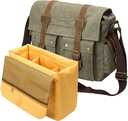 Miniatura 2 de morral de cuero y lona para computadora portátil + morral de lona para cámara Dslr Slr, Verde ejército), 3323830