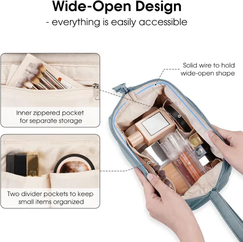 Miniatura 2 de Narwey - Bolsa grande de maquillaje con cremallera de apertura completa, organizador de cosméticos de viaje para mujeres y niñas, Azul grisáceo.