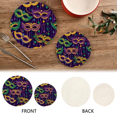 Miniatura 4 de Boccsty Tapete de salvamanteles de carnaval de Mardi Gras con cuentas de colores, 2 unidades de tejido redondo, para mesa de cocina, protector