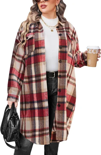 IN'VOLAND Camisas de franela a cuadros de talla grande para mujer, manga larga, con solapa, estilo novio, con botones, chaqueta larga de tartán