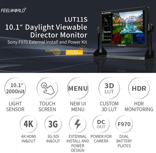 Miniatura 2 de FEELWORLD LUT11S 10.1 pulgadas DSLR cámara monitor de campo 3G-SDI 1920X1200 4K HDMI Ultra alta brillante 2000nit pantalla táctil
