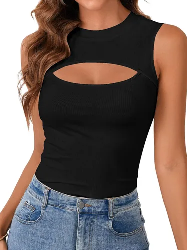 Vrtige Camiseta sin mangas sexy con cuello redondo para mujer, de punto acanalado, sin mangas, ajustada