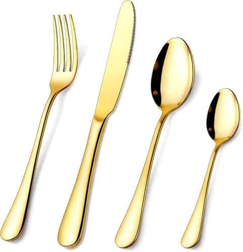 OGORI - Juego de cubiertos dorados de 24 piezas de acero inoxidable de grado alimenticio, juego de utensilios de cocina para 6, vajilla pulida con