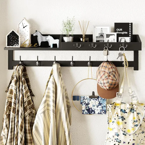 Miniatura 10 de AMBIRD Ganchos de pared con estante, ganchos de abrigo de madera para entrada de 26.57 pulgadas para pared, perchero de pared montado en pared con 5