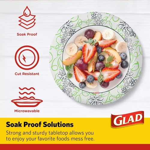 Miniatura 3 de Glad Platos redondos de papel desechables, con patrón floral caprichoso, a prueba de remojo, resistente a cortes, aptos para microondas, platos