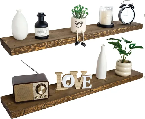 Miniatura 42 de BGMG Estantes flotantes de madera de 12 pulgadas, estantes flotantes negros, estantes de pared de madera maciza para baño, sala de estar