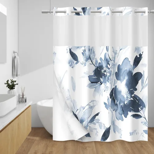 WITHLOC - Cortina de ducha sin gancho y con forro interior impermeable de tela a presión, cortinas de tela para ducha con diseño de plantas y flores