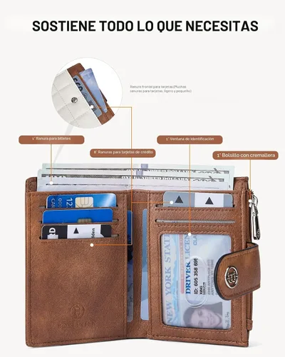Miniatura 2 de BOSTANTEN - Cartera pequeña para mujer de cuero con bloqueo RFID, tarjetero plegable compacto con cremallera y bolsillo para monedas, Pequeña