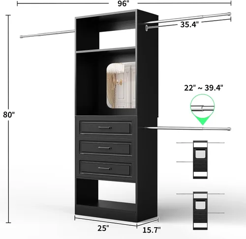 Miniatura 7 de Unikito Sistema de armario de 8 pies con espejo, kit organizador de armario de 96 pulgadas con cajones y 3 varillas extensibles para colgar
