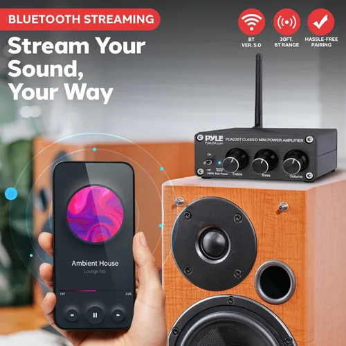 Miniatura 2 de Pyle - Mini amplificador estéreo Bluetooth para el hogar de 240 W, microreceptor compacto de 2 canales con diales de control de graves y agudos