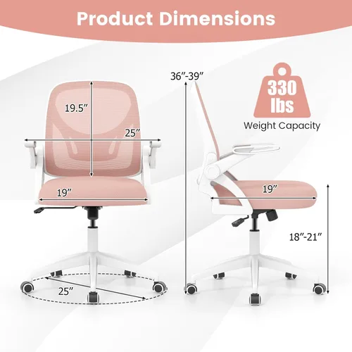 Miniatura 3 de COSTWAY Silla de oficina, cómoda silla giratoria de escritorio con altura ajustable y reposabrazos abatibles, sillas ergonómicas de malla para Rosa