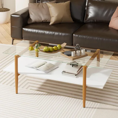 Miniatura 9 de Furnify Mesa de centro de cristal, mesa central rectangular para sala de estar con patas doradas, mesas decorativas modernas de mediados de siglo