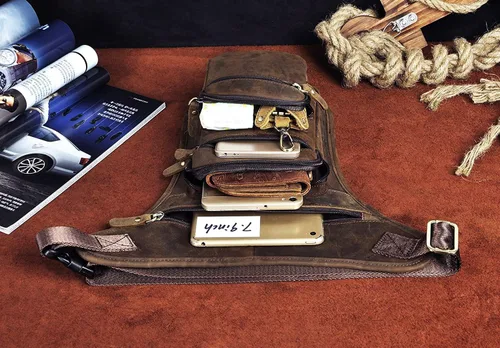 Miniatura 7 de Le'aokuu Riñonera táctica de cuero genuino para hombre, riñonera, pierna caída, cruzada, bolsa, 3111 A Marrón, Hip Bum - Bolsa para muslos y piernas