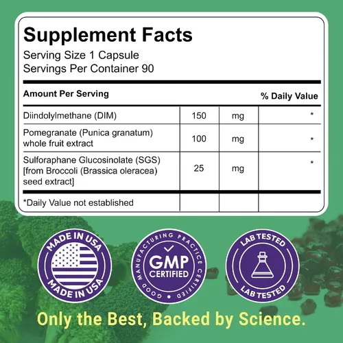 Miniatura 2 de DIM SGS+ Suplemento de 150 mg para mujeres y hombres - Apoya niveles hormonales saludables, estrógeno, metabolismo, desintoxicación - Semilla