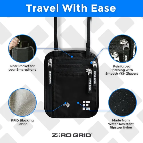 Miniatura 12 de Cartera para el cuello para viajes y pasaporte con bloqueo RFID, delgada y fácil de ocultar, bolsa de viaje de nailon para hombres y mujeres