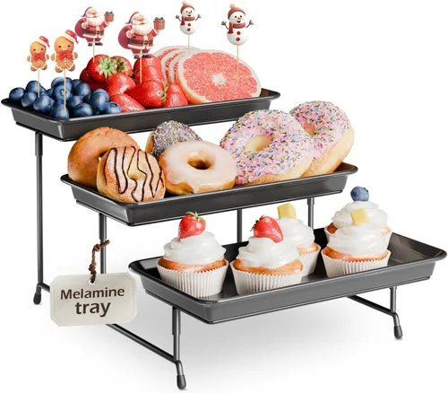 Miniatura 9 de Set de bandejas de servir de 3 niveles de melamina, bandejas de 29 x 14 pulgadas para servir alimentos, bandejas reutilizables blancas con soporte