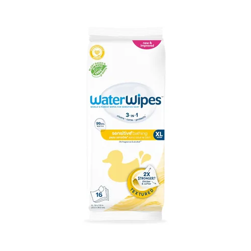 WaterWipes Sensitive+ Toallitas de baño, 3 en 1 limpias, cuidan, protegen, 99.9% de agua, sin perfume e hipoalergénicas, 16 unidades (paquete de 1)