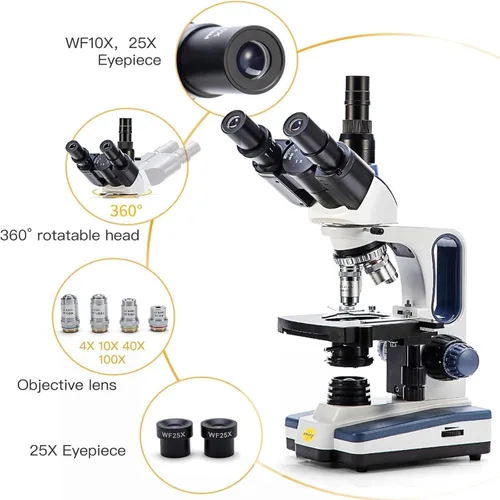 Miniatura 3 de SWIFT Microscopio compuesto trinocular SW350T, aumento 40X-2500X, cabeza de Siedentopf, grado de investigación, etapa mecánica de dos capas, cámara