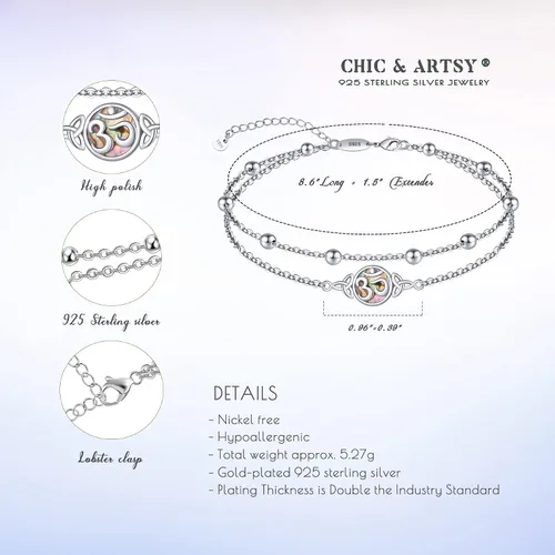 Miniatura 30 de CHIC & ARTSY Tobilleras delicadas de plata de ley S925 para verano, pulsera de tobillo ajustable multicapa para playa, joyería de pie para mujer