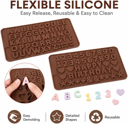 Miniatura 5 de Mini moldes de silicona para letras y números, paquete de 2 moldes de chocolate con letras A-Z, números del 0 a 9 y feliz cumpleaños, pequeños