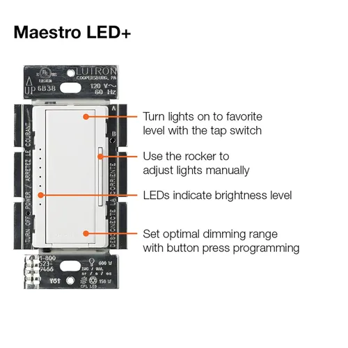 Miniatura 7 de Kit de interruptor regulador de intensidad Lutron Maestro LED+ para luces LED, halógenas e incandescentes regulables, 150W/3 vías o ubicaciones