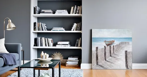 Miniatura 9 de Yihui Arts - Lienzo decorativo para pared de playa con diseño de bote azul y gris costero náutico cuadrado, pintura artística para decoración