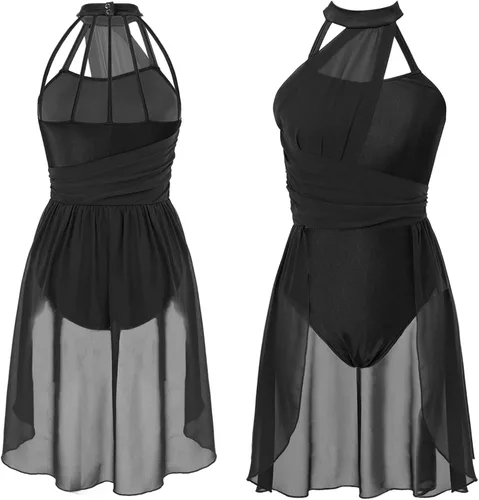 Miniatura 5 de FEESHOW Lyrical - Vestido de malla sin mangas con bloques de color para mujer, disfraz moderno y contemporáneo de baile