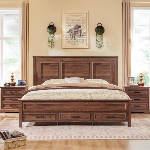 Miniatura 10 de ACCOHOHO Marco de cama tamaño Queen con cabecera de 52 pulgadas de alto, plataforma de madera con estribo y cajones de almacenamiento, no chirridos