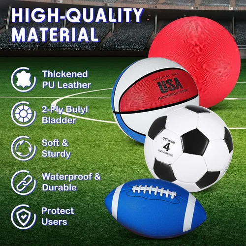 Miniatura 3 de Deekin Juego de 4 pelotas deportivas para niños y adolescentes, incluye tamaño oficial de baloncesto, fútbol, fútbol, patio de recreo, pelota