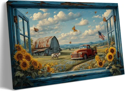 Miniatura 23 de Decoración rústica de granja en lienzo con ventana abierta, impresiones artísticas para pared, pintura de camión viejo, lienzo de granero y bandera
