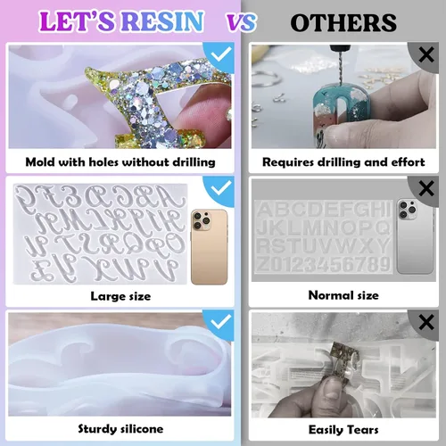 Miniatura 3 de LET'S RESIN Molde grande del alfabeto con agujero, moldes de resina de letras del alfabeto invertido de silicona con 30 anillos de salto, 30
