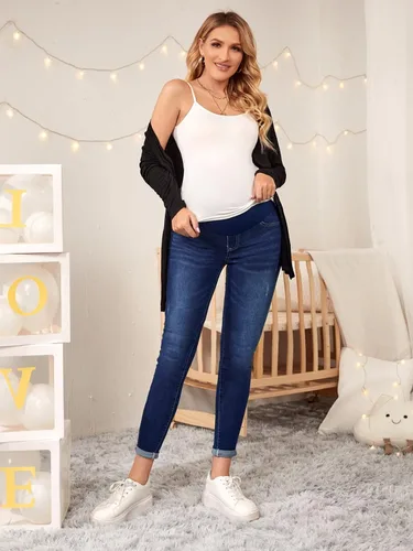 Miniatura 6 de Floerns Pantalones de mezclilla de maternidad de cintura alta con dobladillo rasgado, con bolsillo para mujer