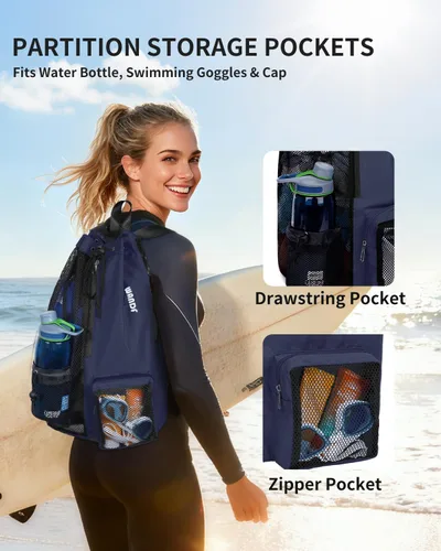 Miniatura 2 de WANDF Mochila de Malla con Cordón para Natación, con Bolsillo para Artículos Húmedos, para Natación, Gimnasio y Equipo de Entrenamiento Azul oscuro