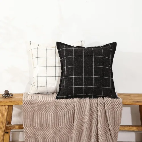 Miniatura 8 de Juego de 2 fundas de almohada de lino a cuadros blancos y negros de estilo bohemio, 16 x 16 pulgadas, color negro